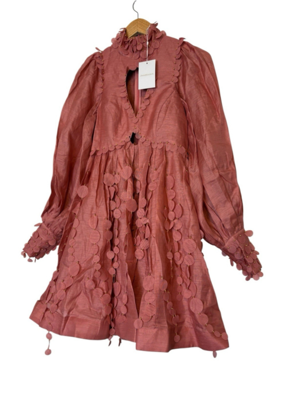 Zimmermann 0 Concert Disc Pink Cutout Mini Dress Puff Sleeve Linen Silk Appliqué - Picture 15 of 15